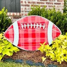 Load image into Gallery viewer, Customizable Red Gold Gingham Football Garden Stake
