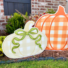 Load image into Gallery viewer, Khaki Gingham Pumpkin with Sage Bow