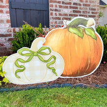 Load image into Gallery viewer, Khaki Gingham Pumpkin with Sage Bow