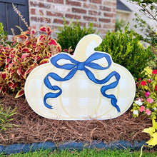 Load image into Gallery viewer, Khaki Gingham Pumpkin with Navy Bow