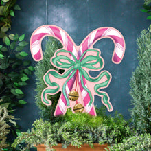 Load image into Gallery viewer, Large Pink Crossed Candy Canes with Green Bow Garden Stake