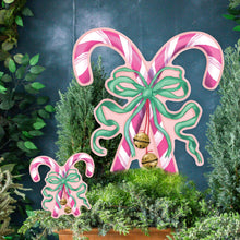 Load image into Gallery viewer, Mini Pink Crossed Candy Canes with Green Bow Garden Stake