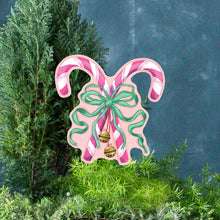 Load image into Gallery viewer, Mini Pink Crossed Candy Canes with Green Bow Garden Stake