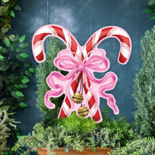 Load image into Gallery viewer, Large Red Crossed Candy Canes with Pink Bow Garden Stake