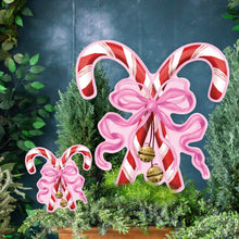 Load image into Gallery viewer, Mini Red Crossed Candy Canes with Pink Bow Garden Stake