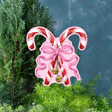 Load image into Gallery viewer, Mini Red Crossed Candy Canes with Pink Bow Garden Stake