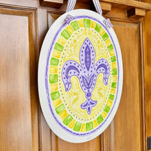 Load image into Gallery viewer, Watercolor Mardi Gras Fleur de Lis Door Hanger