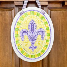 Load image into Gallery viewer, Watercolor Mardi Gras Fleur de Lis Door Hanger
