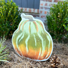Load image into Gallery viewer, Green and Orange Bell Heirloom Pumpkin Garden Stake
