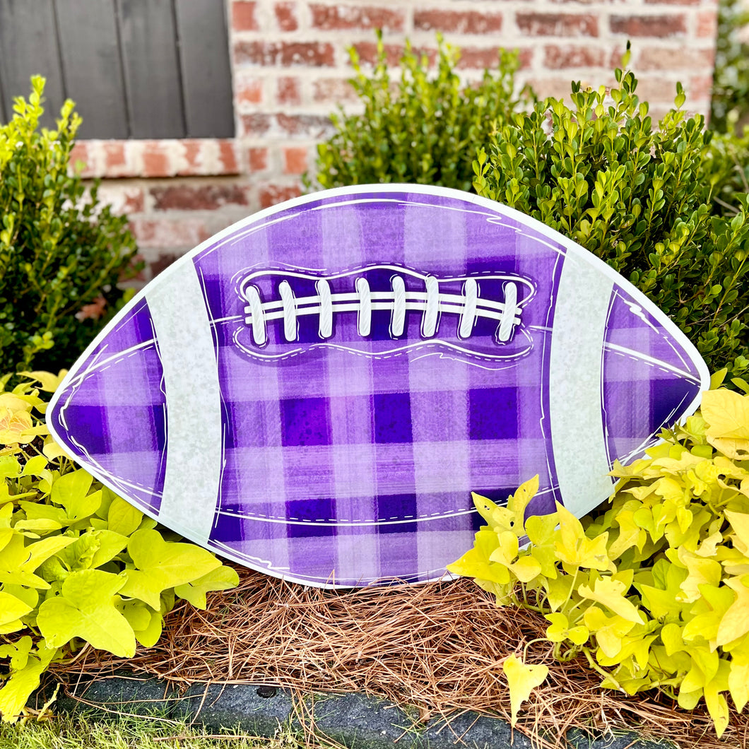 Customizable Purple Gingham Football Garden Stake