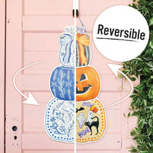 Load image into Gallery viewer, REVERSIBLE Fall/Halloween Stacked Pumpkins Door Hanger
