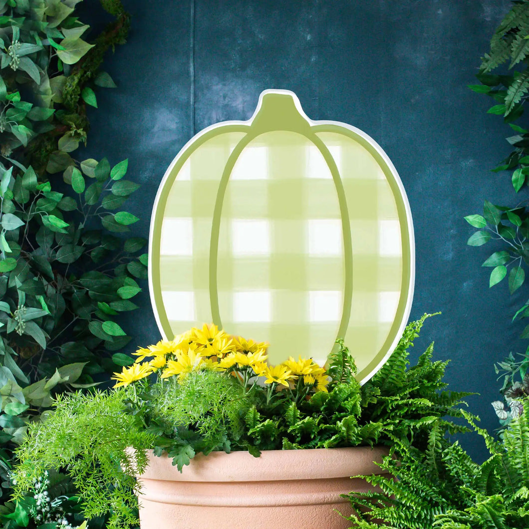 Light Green Gingham Pumpkin Garden Stake