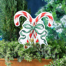 Load image into Gallery viewer, Mini Red Crossed Candy Canes with Green Bow Garden Stake
