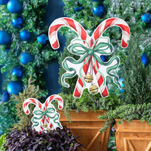 Load image into Gallery viewer, Large Red Crossed Candy Canes with Green Bow Garden Stake
