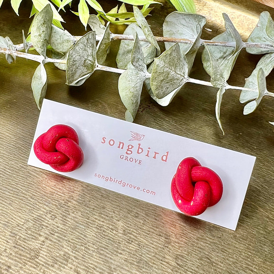 Red and Gold Leaf Knot Clay Studs