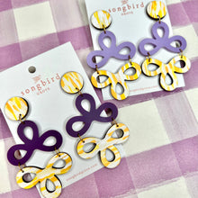 Load image into Gallery viewer, Lilac and Painted Yellow Clover Earrings with a Stud
