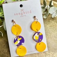 Load image into Gallery viewer, 3-Tier Round Speckled Purple and Yellow Clay Earrings
