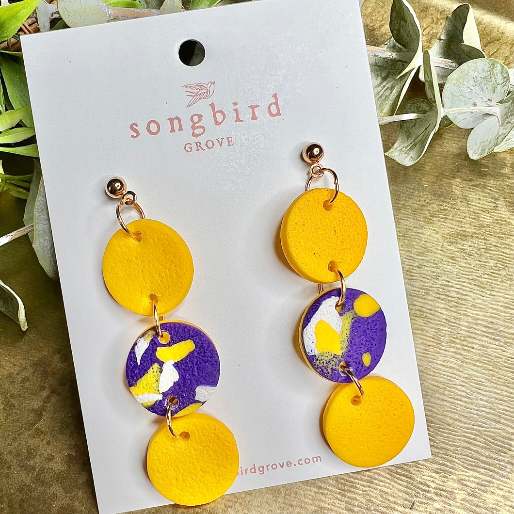 3-Tier Round Speckled Purple and Yellow Clay Earrings