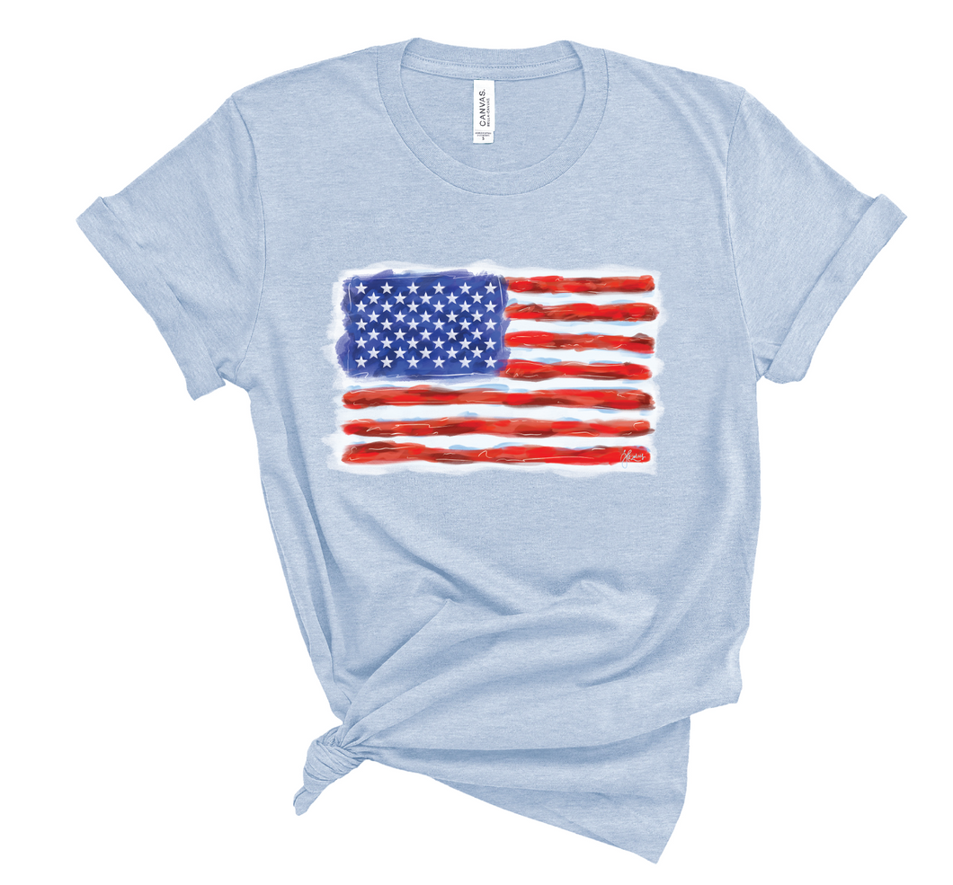 Watercolor American Flag Tee in Light Blue Heather