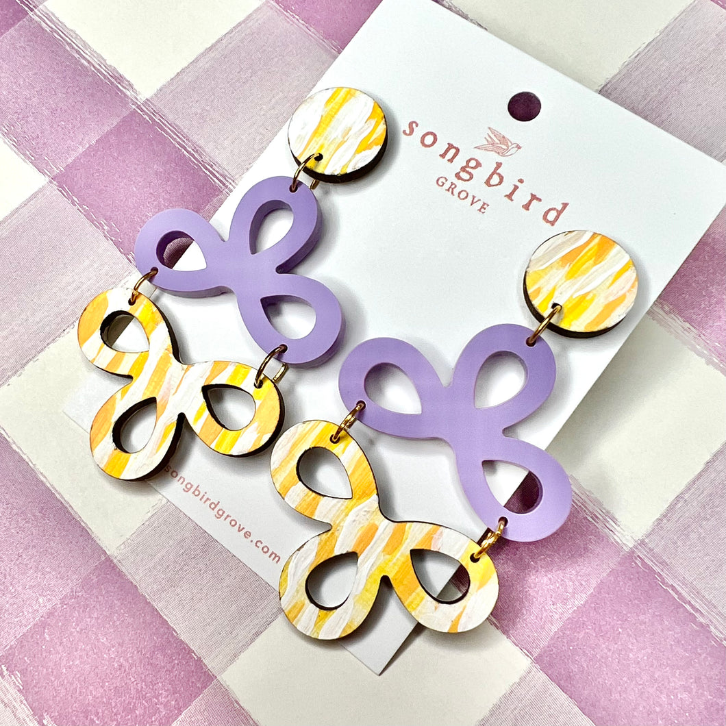 Lilac and Painted Yellow Clover Earrings with a Stud