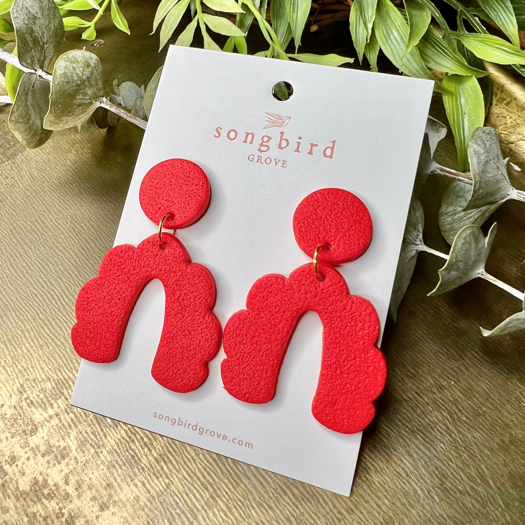 Red Textured Scalloped Earrings