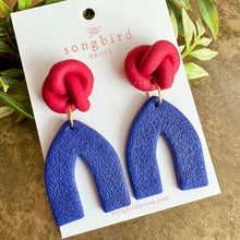 Load image into Gallery viewer, Red Knotted Stud, Blue Drop Earring
