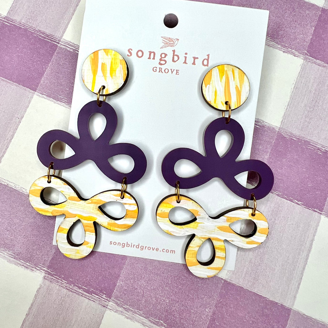 Eggplant and Painted Yellow Clover Earrings with a Stud
