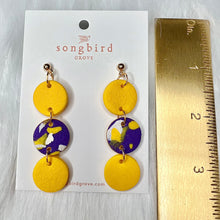Load image into Gallery viewer, 3-Tier Round Speckled Purple and Yellow Clay Earrings
