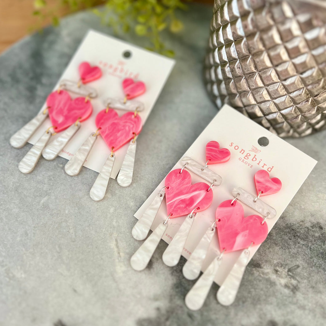 Double Heart Tassel Earrings in Pearly Pink