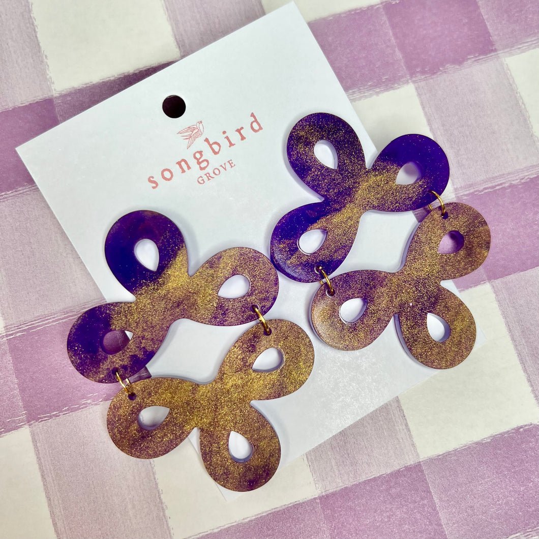 Large Purple and Gold Clover Earrings