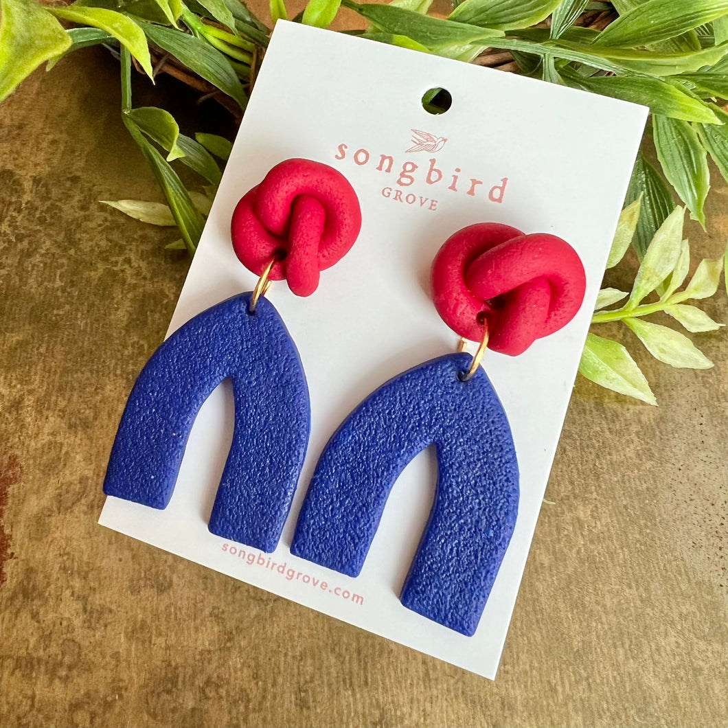Red Knotted Stud, Blue Drop Earring