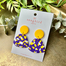 Load image into Gallery viewer, Speckled Purple and Yellow Drop Clay Earrings
