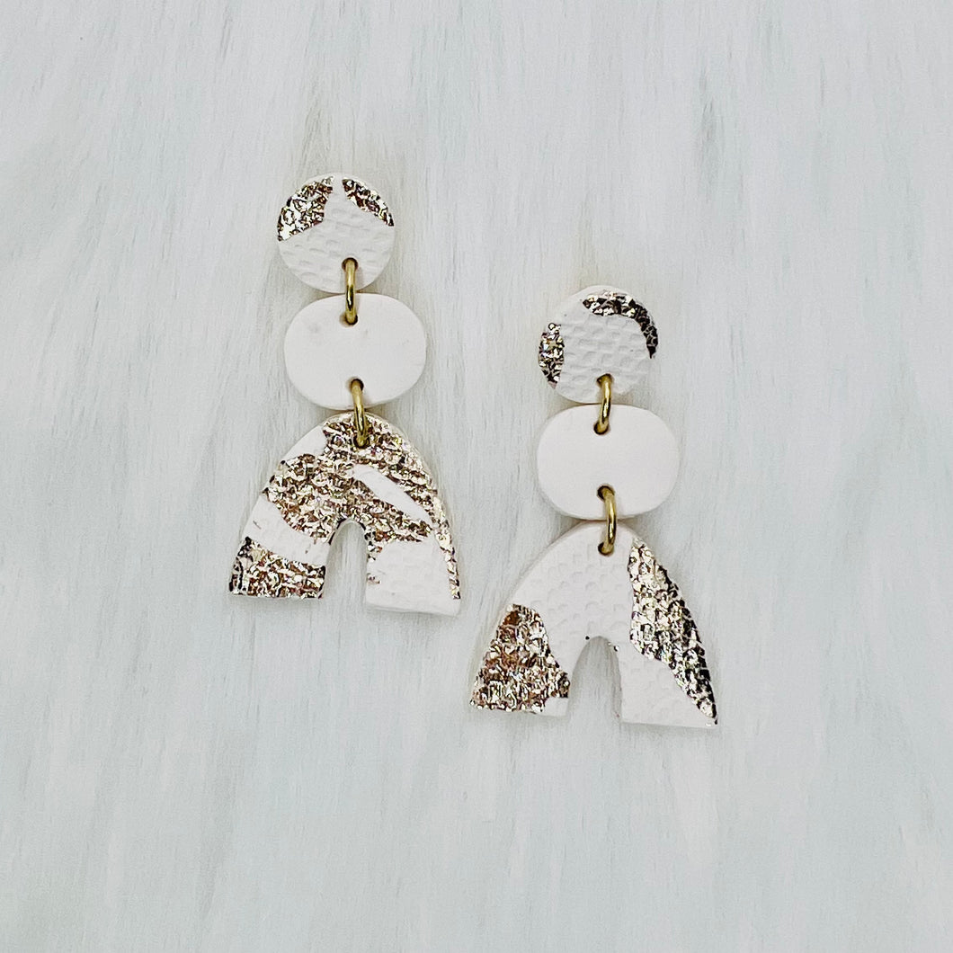 3-Tier Gold Leaf and White Textured Earrings